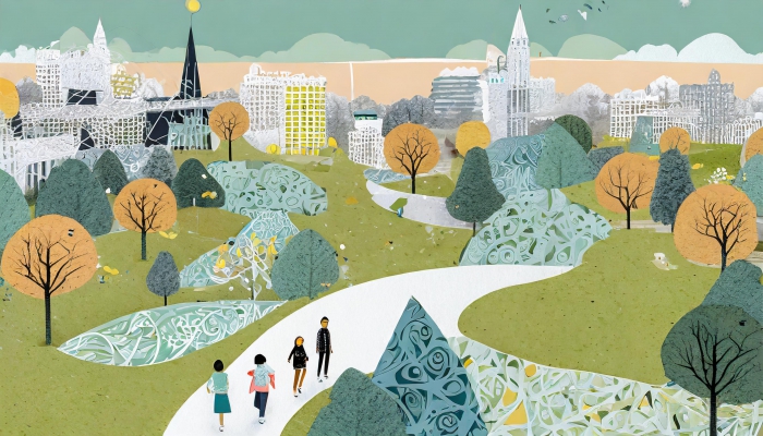 Futuristisk översiktsvision av en park med människor i Borås. Illustration: Borås Stad
