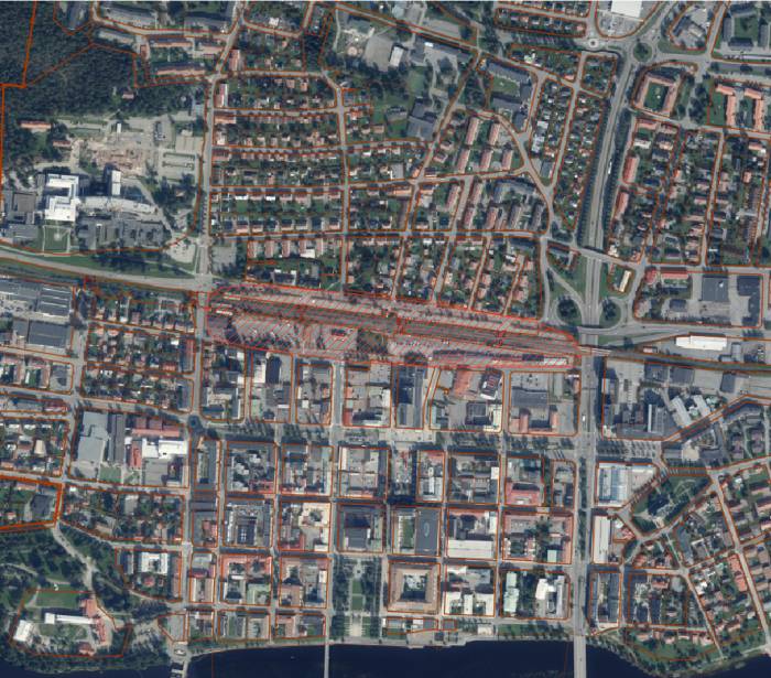 Kartbild som visar planområdet, streckat i rött i mitten. Bild: Skellefteå kommun